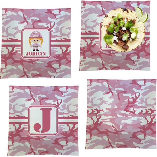 Custom Pink Camo Set of 4 Glass Square Lunch / Dinner Plate 9.5" (Personalized)