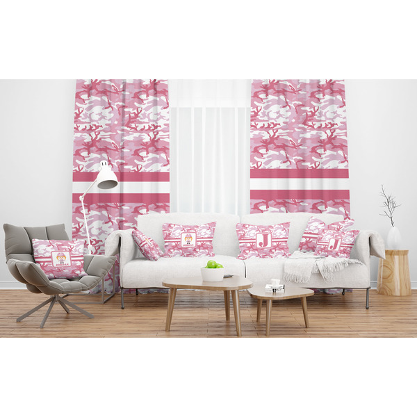 Pink Camo Sheer and Custom Curtains in Room with Matching Pillows