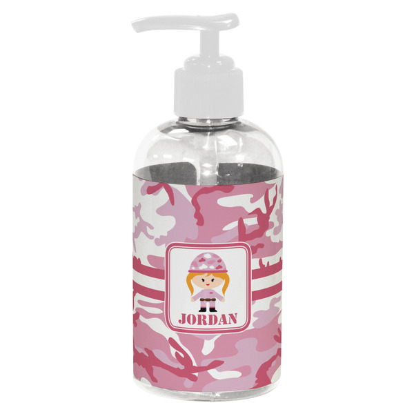 Custom Pink Camo Plastic Soap / Lotion Dispenser (8 oz - Small - White) (Personalized)