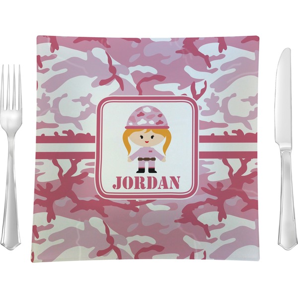 Custom Pink Camo 9.5" Glass Square Lunch / Dinner Plate- Single or Set of 4 (Personalized)