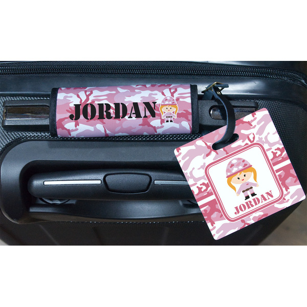 Pink Camo Square Luggage Tag & Handle Wrap - In Context