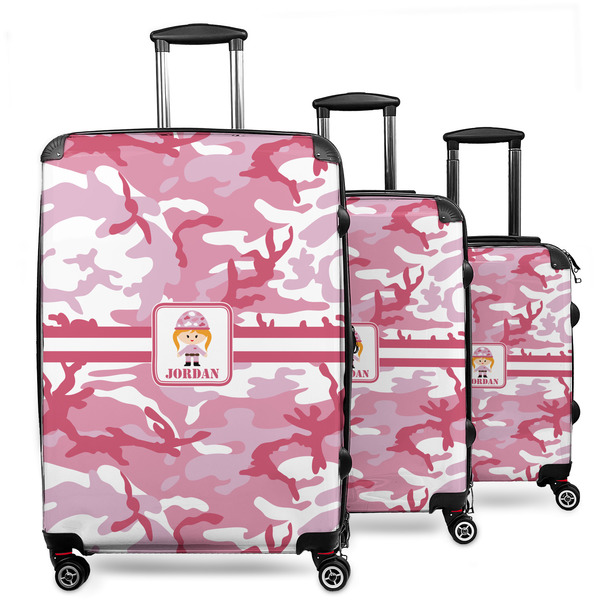 Custom Pink Camo 3 Piece Luggage Set - 20" Carry On, 24" Medium Checked, 28" Large Checked (Personalized)
