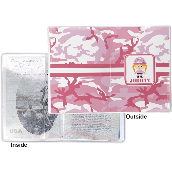 Pink Camo Vinyl Passport Holder - Flat Front and Back