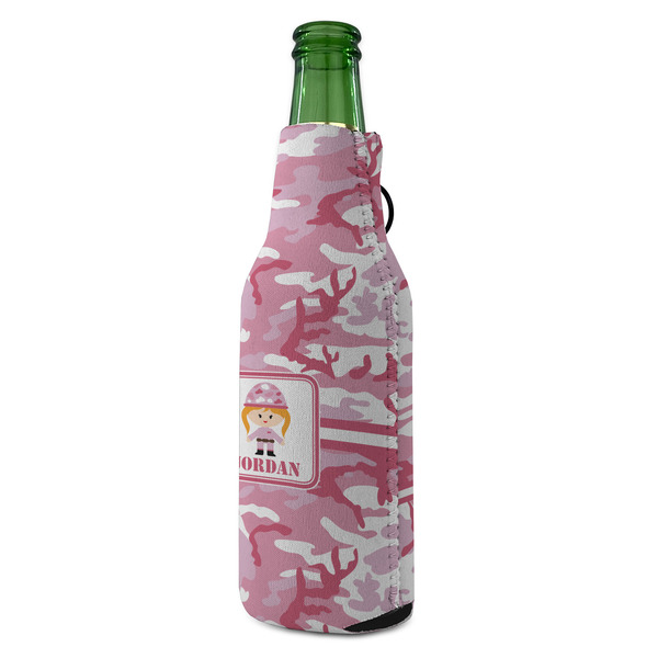 Pink Camo Zipper Bottle Cooler - ANGLE (bottle)