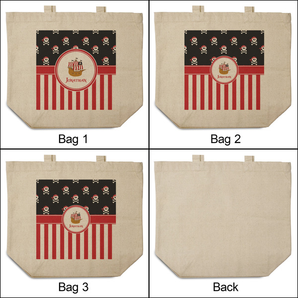 Pirate & Stripes 3 Reusable Cotton Grocery Bags - Front & Back View