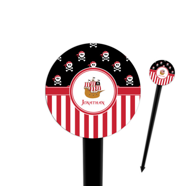 Custom Pirate & Stripes 4" Round Plastic Food Picks - Black - Double Sided (Personalized)