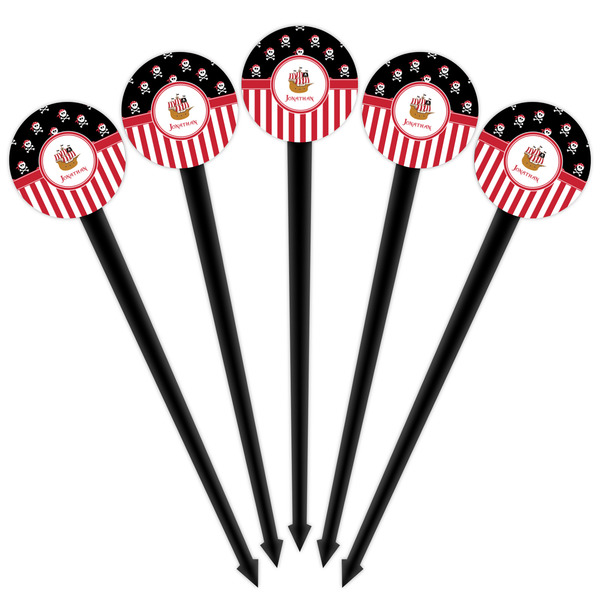 Pirate & Stripes Black Plastic 4" Food Pick - Round - Fan View