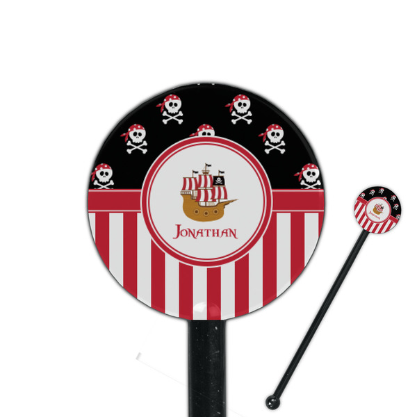 Custom Pirate & Stripes 5.5" Round Plastic Stir Sticks - Black - Single Sided (Personalized)