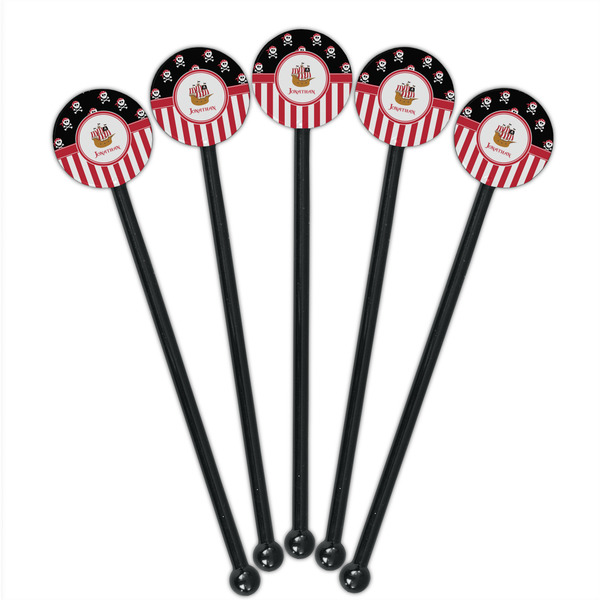Pirate & Stripes Black Plastic 5.5" Stir Stick - Round - Fan View