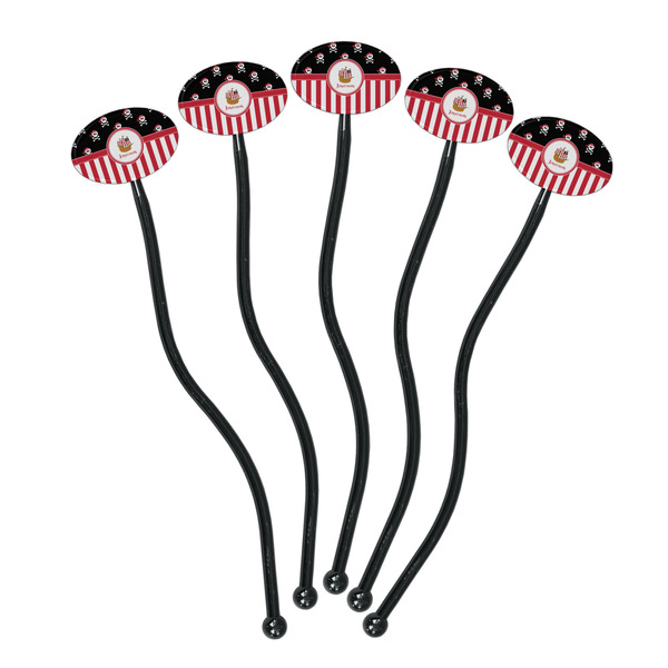 Pirate & Stripes Black Plastic 7" Stir Stick - Oval - Fan