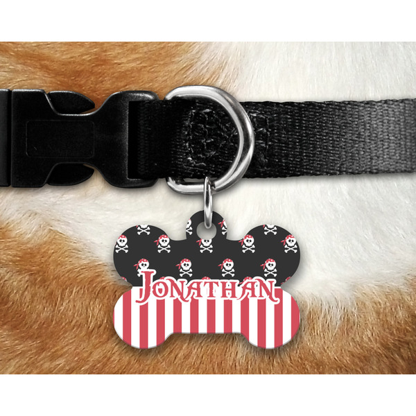 Pirate & Stripes Bone Shaped Dog Tag on Collar & Dog