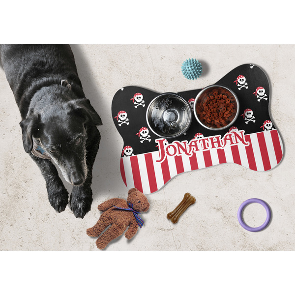 Pirate & Stripes Bone Shaped Mat w/ Food & Water
