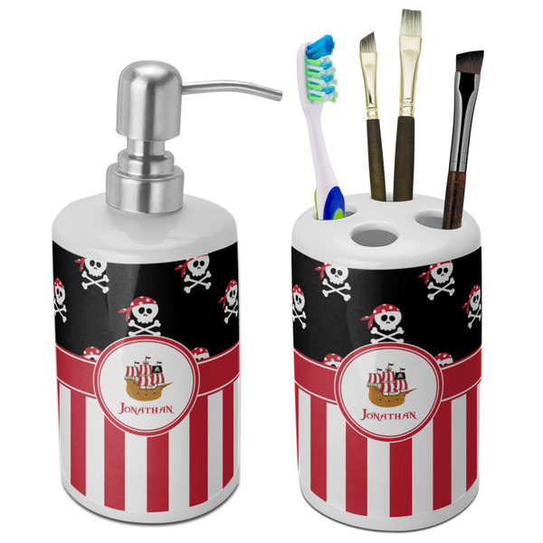 Custom Pirate & Stripes Ceramic Bathroom Accessories Set (Personalized)