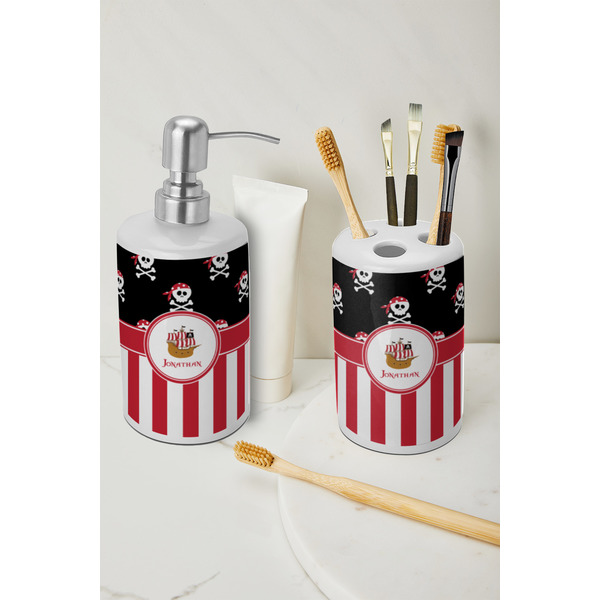 Pirate & Stripes Ceramic Bathroom Accessories - LIFESTYLE (toothbrush holder & soap dispenser)