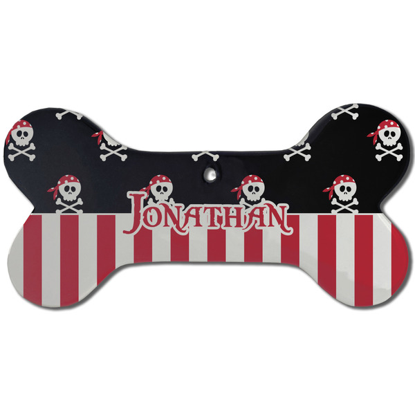 Custom Pirate & Stripes Ceramic Dog Ornament - Front w/ Name or Text