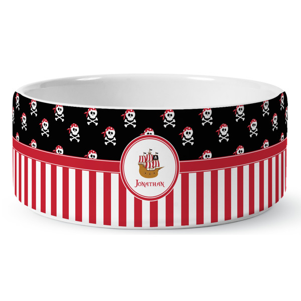 Custom Pirate & Stripes Ceramic Dog Bowl - Large (Personalized)