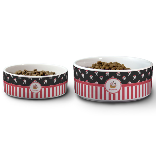 Pirate & Stripes Ceramic Dog Bowls - Size Comparison