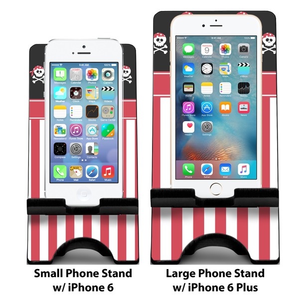 Pirate & Stripes Compare Phone Stand Sizes - with iPhones