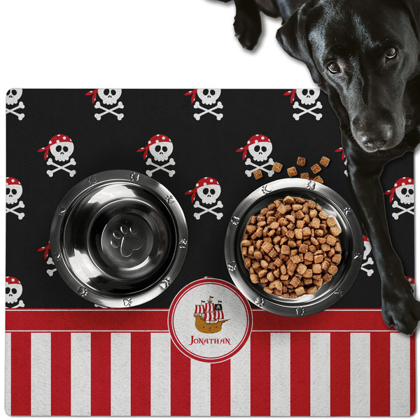 Custom Pirate & Stripes Dog Food Mat - Large w/ Name or Text