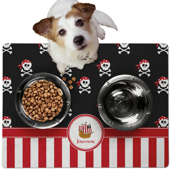 Custom Pirate & Stripes Dog Food Mat - Medium w/ Name or Text