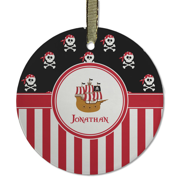 Custom Pirate & Stripes Flat Glass Ornament - Round w/ Name or Text