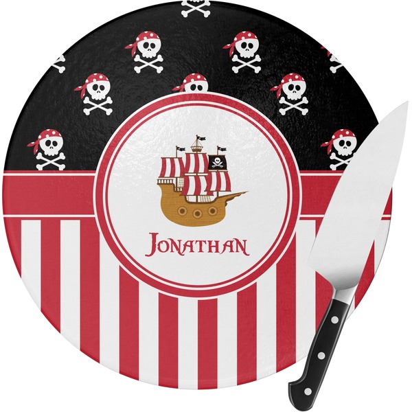 Custom Pirate & Stripes Round Glass Cutting Board (Personalized)