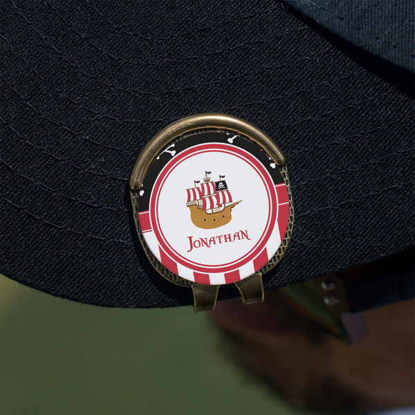 Pirate & Stripes Golf Ball Marker Hat Clip - Gold - On Hat