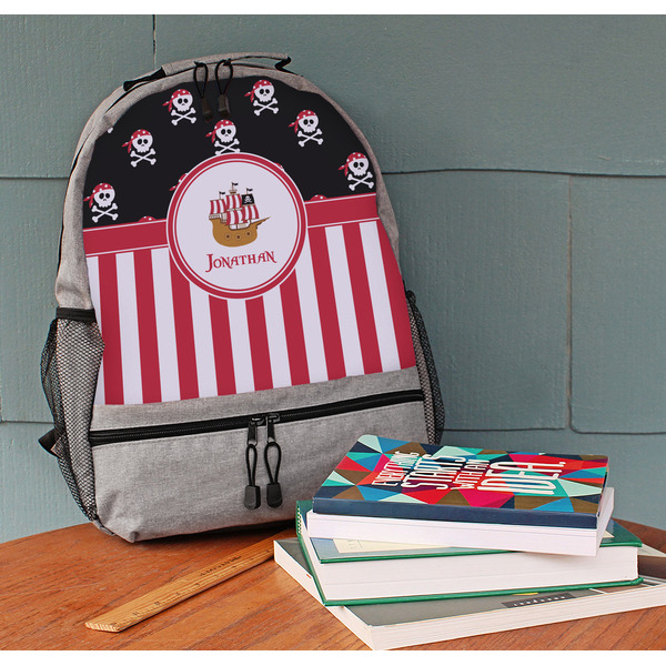 Pirate & Stripes Large Backpack - Gray - On Desk