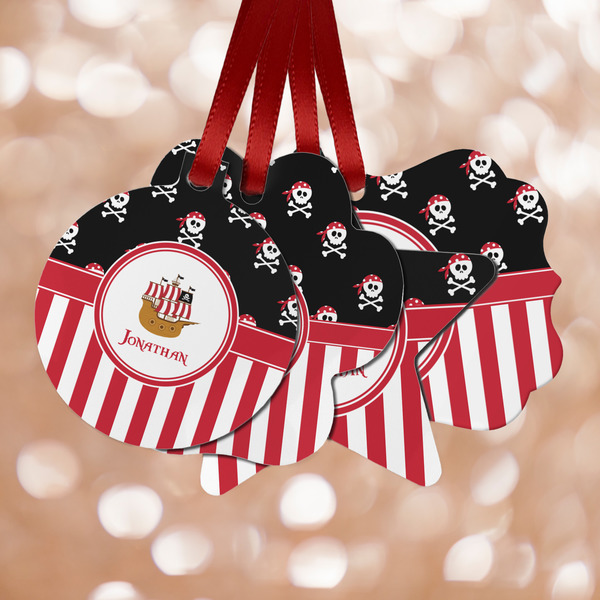 Custom Pirate & Stripes Metal Ornaments - Double Sided w/ Name or Text