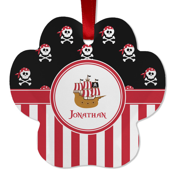 Custom Pirate & Stripes Metal Paw Ornament - Double Sided w/ Name or Text