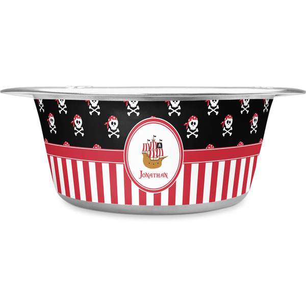 Custom Pirate & Stripes Stainless Steel Dog Bowl - Large (Personalized)