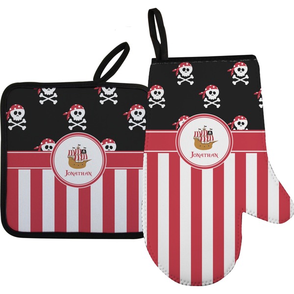 Custom Pirate & Stripes Oven Mitt & Pot Holder Set w/ Name or Text