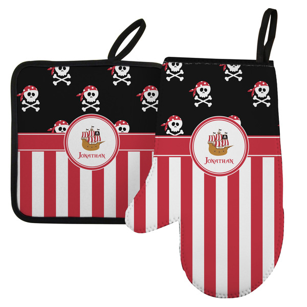 Custom Pirate & Stripes Left Oven Mitt & Pot Holder Set w/ Name or Text