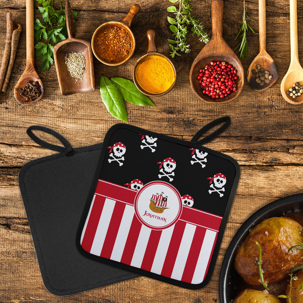 Pirate & Stripes Neoprene Pot Holder - Set of 2  LIFESTYLE (Flatlay)