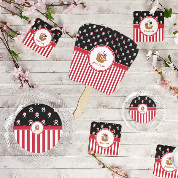 Pirate & Stripes Party Supplies Combination Image - All items - Plates, Coasters, Fans