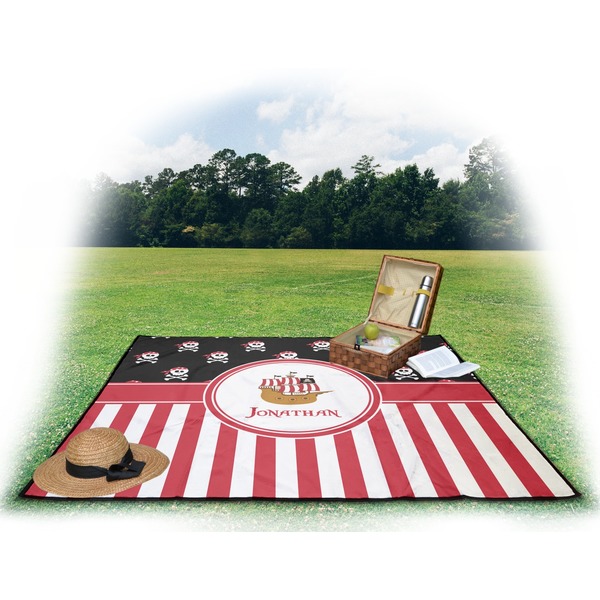 Pirate & Stripes Picnic Blanket - with Basket Hat and Book - in Use