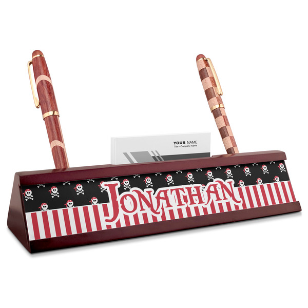 Custom Pirate & Stripes Red Mahogany Nameplate with Business Card Holder (Personalized)