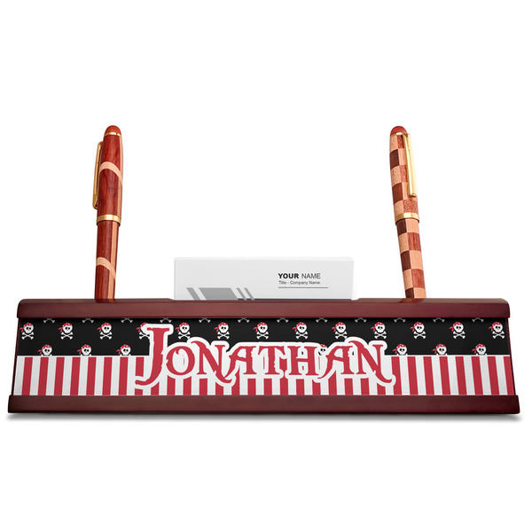 Pirate & Stripes Red Mahogany Nameplates with Business Card Holder - Straight