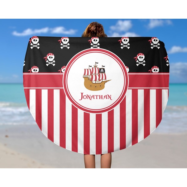 Pirate & Stripes Round Beach Towel - In Use