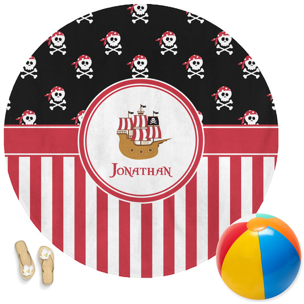 Custom Pirate & Stripes Round Beach Towel (Personalized)