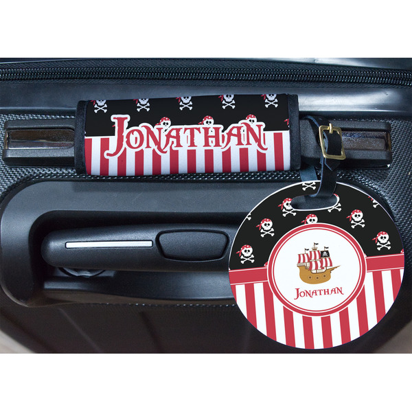 Pirate & Stripes Round Luggage Tag & Handle Wrap - In Context