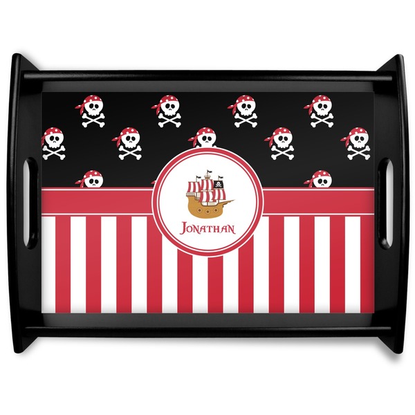 Custom Pirate & Stripes Black Wooden Tray - Large (Personalized)