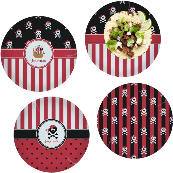 Custom Pirate & Stripes Set of 4 Glass Lunch / Dinner Plate 10" (Personalized)