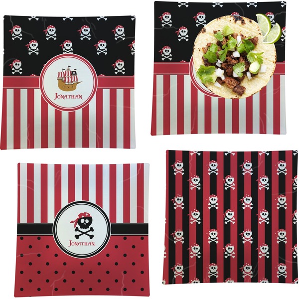 Custom Pirate & Stripes Set of 4 Glass Square Lunch / Dinner Plate 9.5" (Personalized)