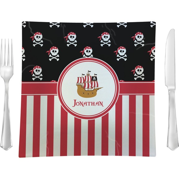 Custom Pirate & Stripes 9.5" Glass Square Lunch / Dinner Plate- Single or Set of 4 (Personalized)