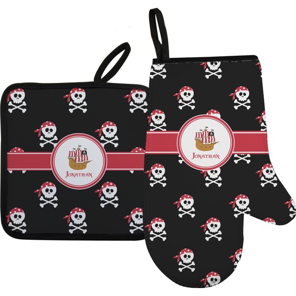 Custom Pirate Right Oven Mitt & Pot Holder Set w/ Name or Text