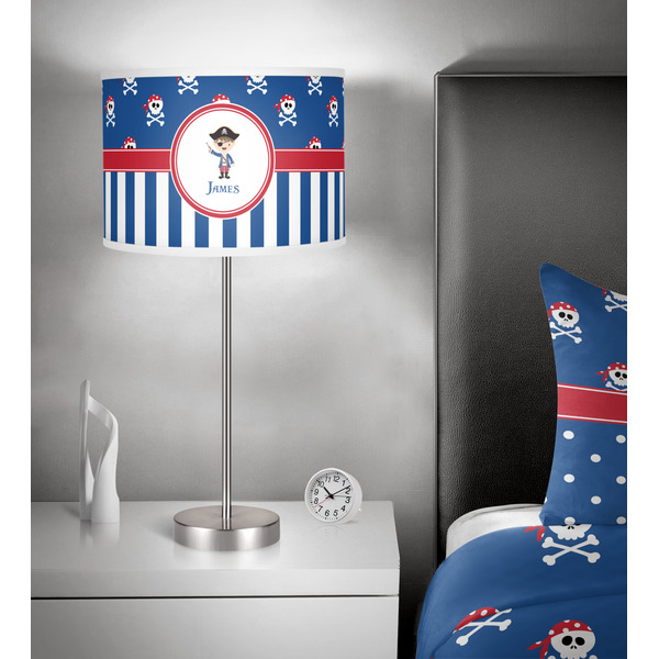 Blue Pirate 13 inch drum lamp shade - in room