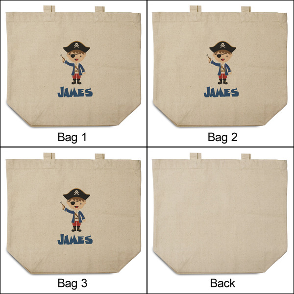 Blue Pirate 3 Reusable Cotton Grocery Bags - Front & Back View