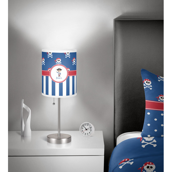 Blue Pirate 7 inch drum lamp shade - in room