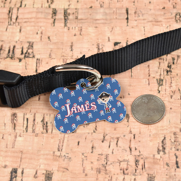 Blue Pirate Bone Shaped Dog ID Tag - Large - In Context